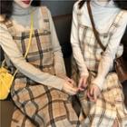 Plain Turtle-neck Long-sleeve Slim-fit Top / Plaid Jumper Dress