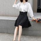 Set: Plain Split-neck 3/4-sleeve + Striped High-waist A-line Skirt