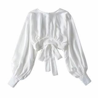Plain Long-sleeve Tie-back Cropped Blouse