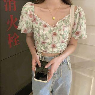 Short-sleeve Floral Print Cropped Blouse Green - One Size