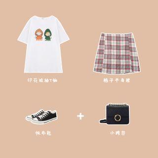 Cartoon Print Elbow-sleeve T-shirt / Plaid Mini A-line Skirt