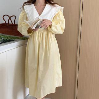 Puff-sleeve Collared Midi A-line Dress Yellow - One Size
