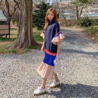 Color-block Pleated Long Shirtdress Navy Blue - One Size