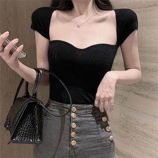 Short-sleeve Sweetheart-neckline Knit Top