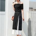 Set: Plain Off-shoulder Top + Mock Two Piece A-line Midi Skirt