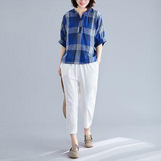 Set: Plaid Elbow-sleeve Shirt + Crop Harem Pants