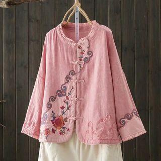 Long-sleeve Embroider Printed Traditional Chinese Frog-button Top