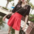 Set: Embroidered Elbow-sleeve Top + Wide-leg Shorts
