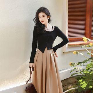 Set: Long-sleeve Irregular Knit Top + Midi A-line Skirt