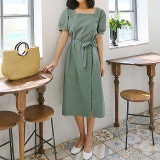 Square-neck Buttoned Linen Blend Midi Dress