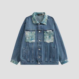 Floral Print Trim Washed Denim Jacket