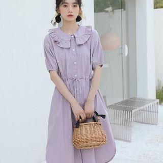Plain Ruffle Button-up Drawstring A-line Dress