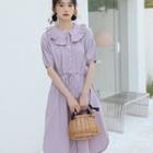 Plain Ruffle Button-up Drawstring A-line Dress