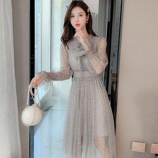 Set: Bell-sleeve Midi A-line Mesh Dress + Slipdress