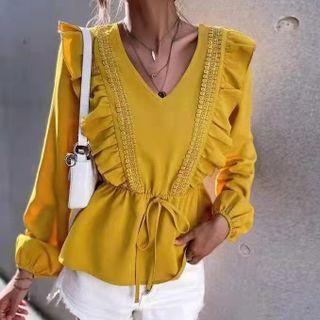 Plain Ruffle Trim Long Sleeve Tie-front Top