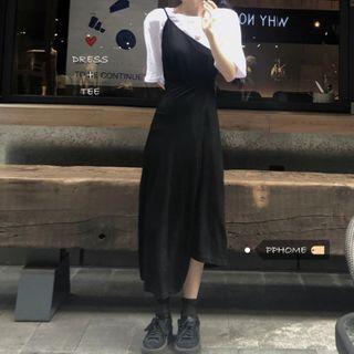 Elbow-sleeve Slit T-shirt / One-shoulder A-line Midi Pinafore Dress