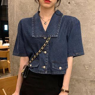 Short-sleeve Faux Pearl Button Denim Crop Shirt Denim Blue - One Size