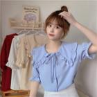 Short-sleeve Wide-collar Tie-neck Frill Trim Blouse