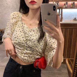 Balloon-sleeve Dotted Shirred Blouse