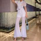 Double-breasted Puff-sleeve Top / Boot-cut Chiffon Pants / Set