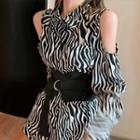 Cold-shoulder Zebra Print Blouse / Belt Blouse - Black - One Size