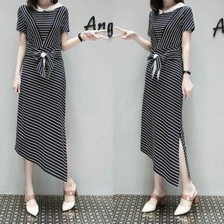 Striped Short-sleeve Hooded Midi Dress