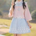 Long-sleeve Floral Embroidered Cheongsam Top / Floral Print Shawl / Pleated A-line Skirt