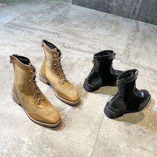 Paneled Square-toe Lace-up Short Boots