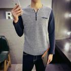 Panel Split-neck Long-sleeve T-shirt