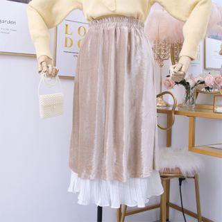 Chiffon-hem Velvet Midi Skirt