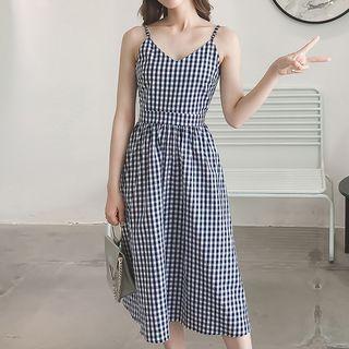 Spaghetti Strap Plaid Midi A-line Dress