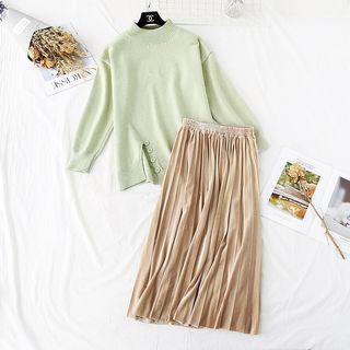 Set: Slit-side Mock Neck Sweater + Pleuche Midi Skirt