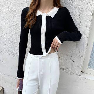 Long Sleeve Contrast Trim Knit Polo Shirt