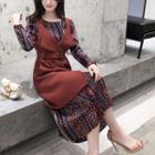 Double-breasted Vest / Long-sleeve Patterned Midi A-line Dress / Set