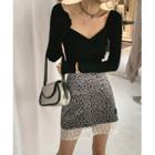 Open Back Long-sleeve T-shirt / Leopard Print A-line Skirt