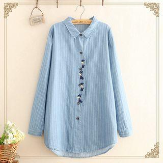 Long-sleeve Striped Dog Embroidered Shirt