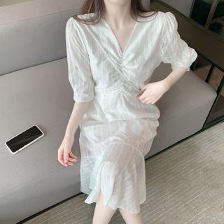 Short-sleeve Shirred Midi Dress White - One Size