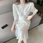 Short-sleeve Shirred Midi Dress White - One Size
