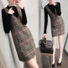Mock-neck Long-sleeve Knit Top / V-neck Plaid Pinafore Dress / Set