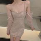 Plaid Cold-shoulder Mini Sheath Dress Dress - Pink - One Size