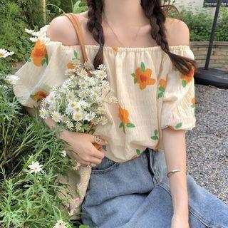Puff-sleeve Off-shoulder Flower Print Top Almond - One Size