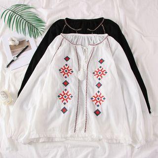 Ethnic-embroidered V-neck Shirt