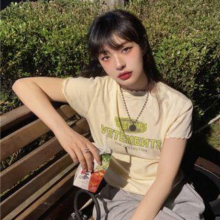 Short-sleeve Print Frill Trim T-shirt