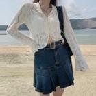 Long-sleeve Button-up Lace Top / Pleated Mini A-line Denim Skirt
