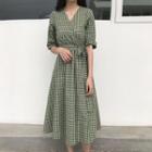 Elbow-sleeve Plaid A-line Midi Dress Gingham - Green - One Size