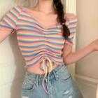 Short-sleeve Drawstring Striped Knit Top As Shown In Figure - One Size