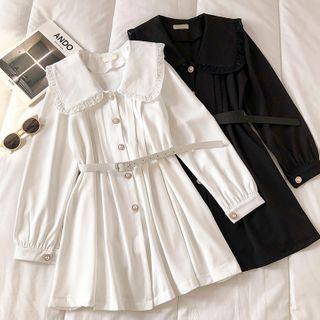 Long-sleeve Peter-pan Collar Pleated Dress With Belt