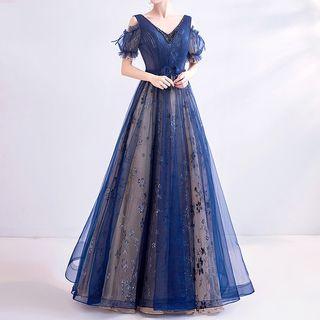 Embellished V-neck Cold Shoulder A-line Evening Gown