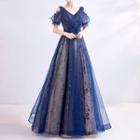 Embellished V-neck Cold Shoulder A-line Evening Gown