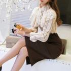 Set: Long-sleeve Lace Blouse + Sheath Skirt